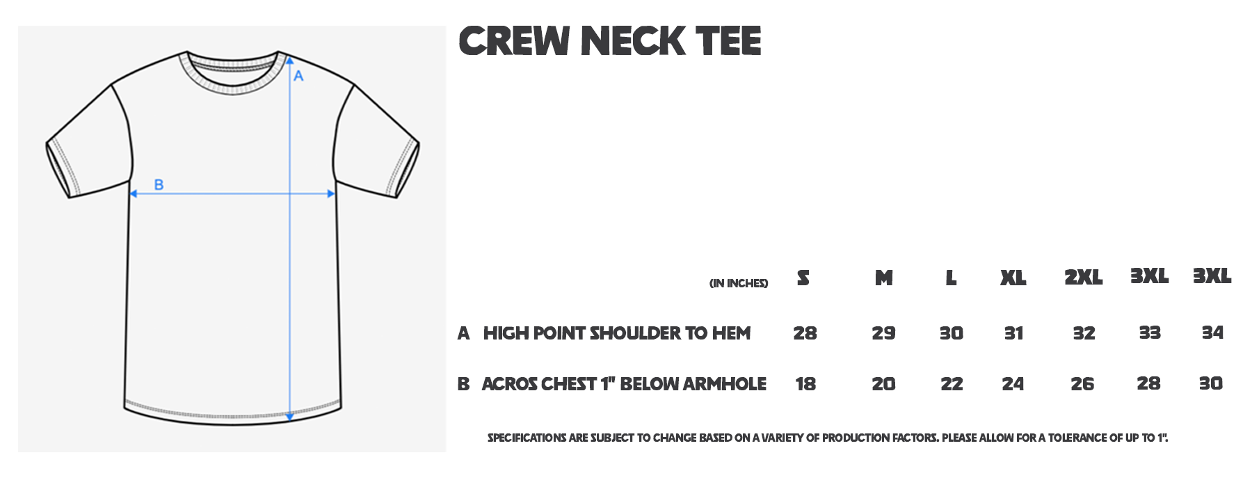 Sizing chart for tee shirt