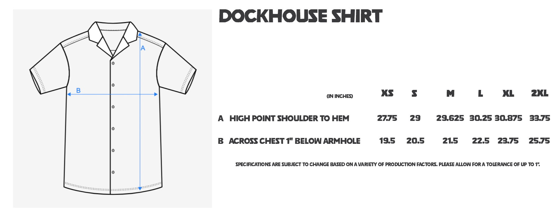 Sizing chart for lightweight hawaiian style shirt